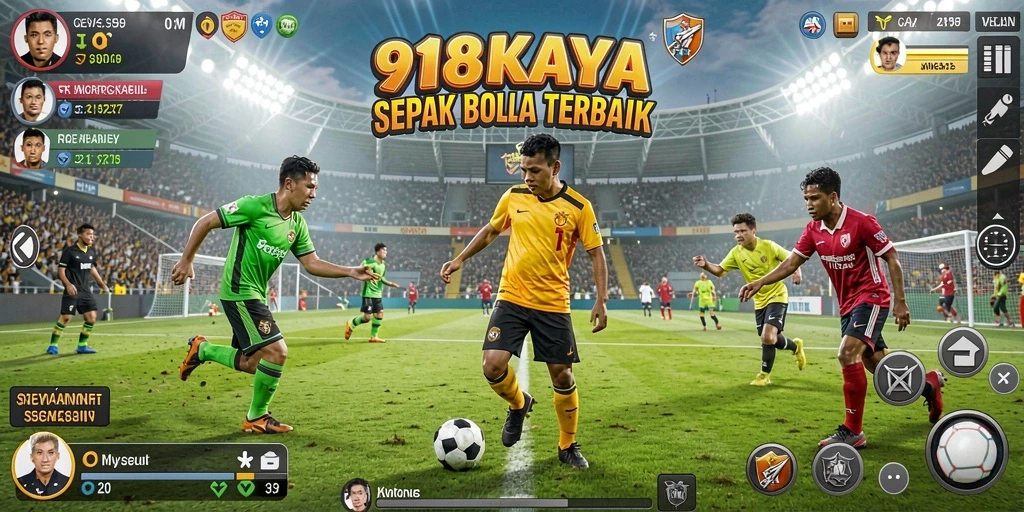 Screenshot 918KAYA menampilkan aksi seru dalam permainan sepak bola.