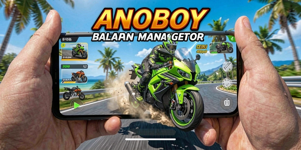 Tampilan gameplay seru ANOBOY dengan motor balap yang menantang.