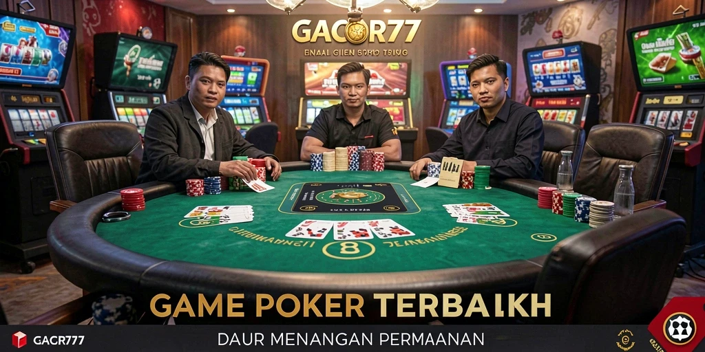 Screenshot gameplay GACOR77 yang menunjukkan suasana permainan poker yang seru.
