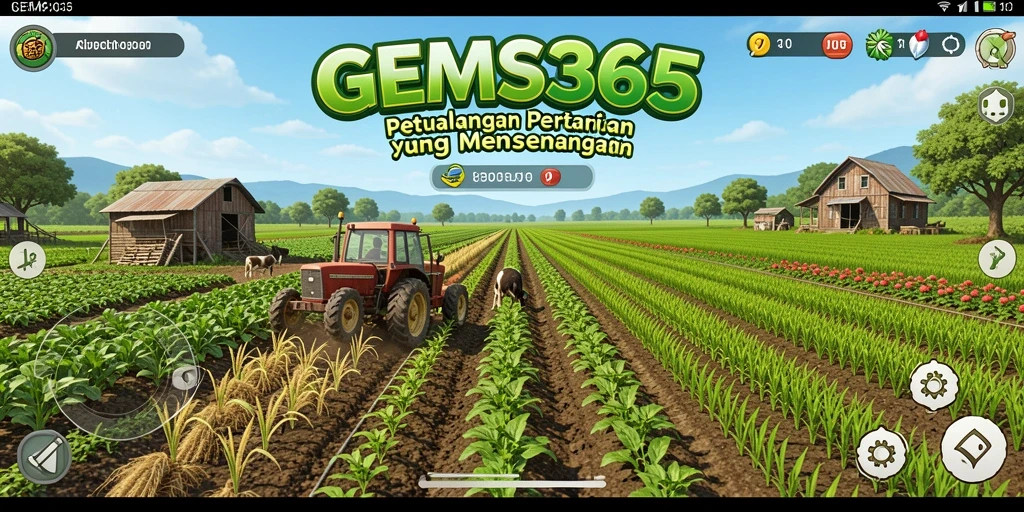 Screenshot GEMS365 menampilkan kebun yang subur dengan berbagai tanaman.