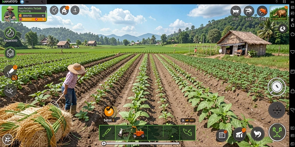 Tampilan gameplay MAFIATOTO dengan ladang yang indah dan hewan ternak.