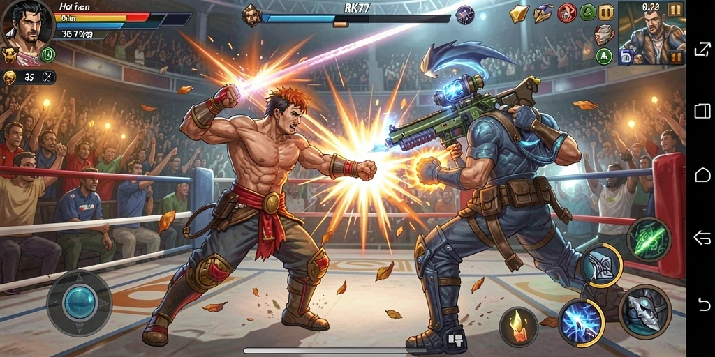 Tangkapan layar gameplay RK77 dengan aksi pertarungan yang intens.