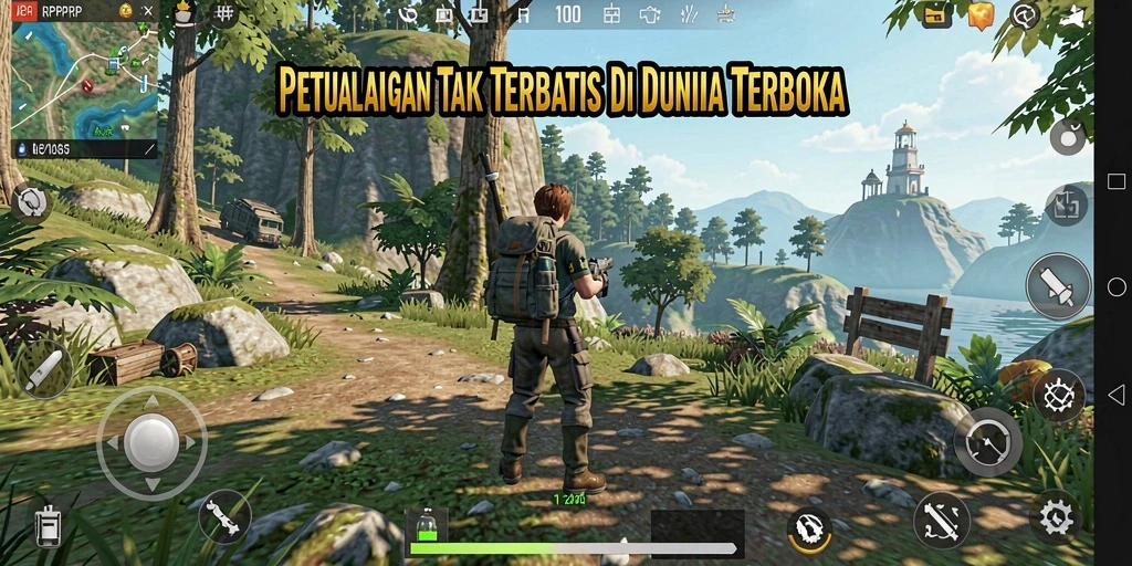 Screenshot gameplay RPRPRP menampilkan karakter menjelajahi dunia terbuka yang luas.